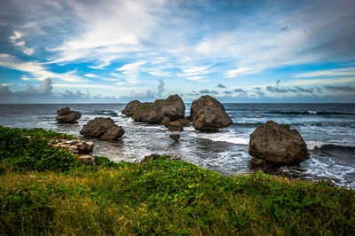 Scenic view of sea against cloudy sky