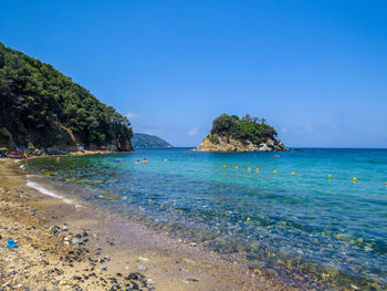 Scenic view of sea against clear blue sky