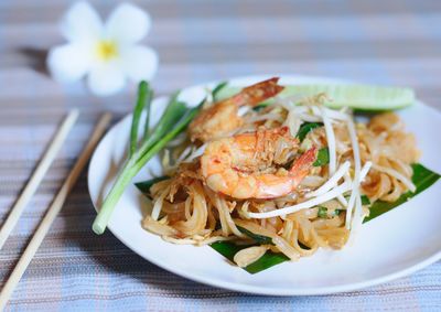 Close-up of noodles in plate on table