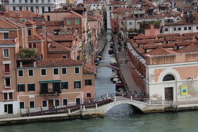 Bridge over river with buildings in background