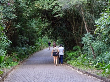 Rear view of people walking on road amidst trees