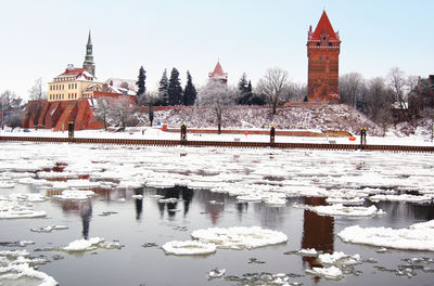 Buildings in city during winter