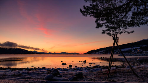 Scenic view of lake against sky during sunset