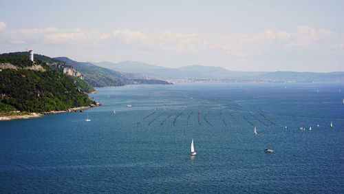 High angle view of sailboats by sea against sky