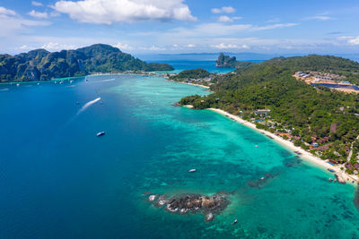 High angle view of bay against sky