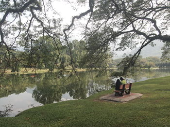 Man sitting on grass by lake against trees