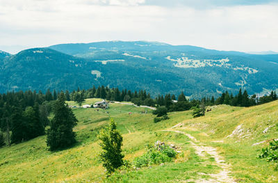 Scenic view of green landscape and mountains against sky