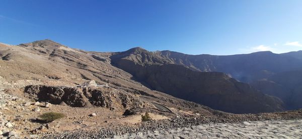 Scenic view of mountains against clear blue sky