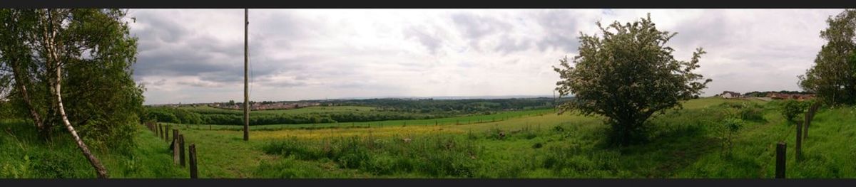 Scenic view of grassy field against cloudy sky