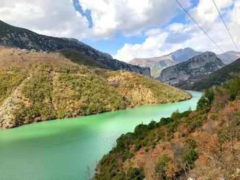 Scenic view of lake and mountains against sky