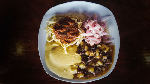 High angle view of breakfast served on table