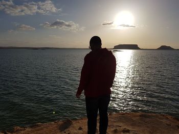 Rear view of man looking at sea against sky