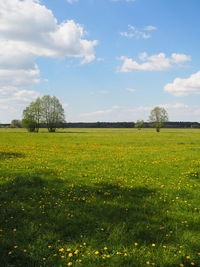 View of field against cloudy sky