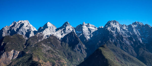 Panoramic view of mountains against clear blue sky