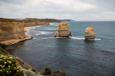 Scenic view of rocks in sea against sky
