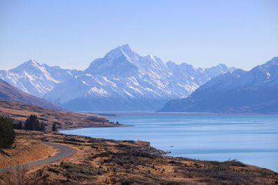 Scenic view of lake by mountains against clear sky