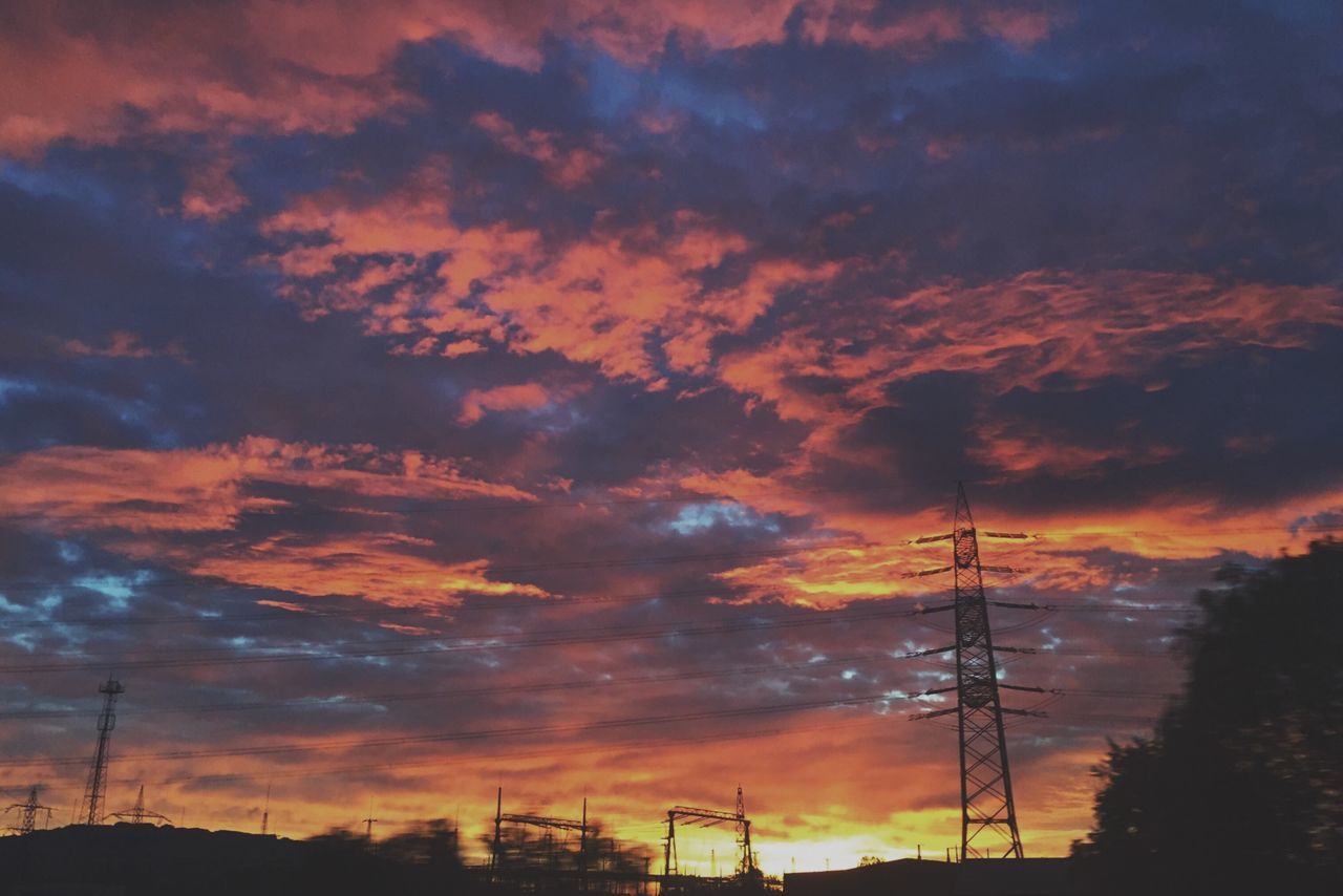 sunset, cloud - sky, sky, electricity pylon, power line, cable, connection, no people, silhouette, electricity, nature, power supply, low angle view, beauty in nature, fuel and power generation, technology, scenics, outdoors, built structure, tree, architecture, day