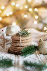 Close-up of christmas decorations on table