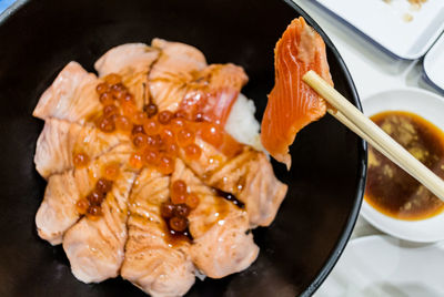 High angle view of sashimi in bowl