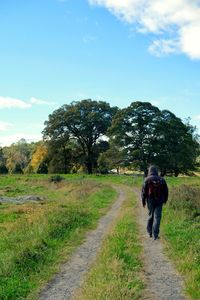 Rear view of man walking on field against sky