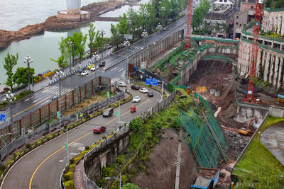 High angle view of traffic on road in city