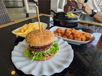 Close-up of food served on table