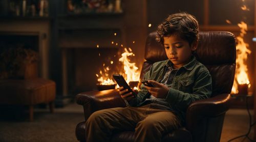 Woman using mobile phone while sitting on sofa at home