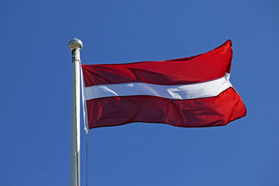 Low angle view of flags against clear blue sky