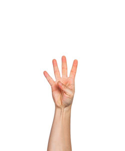 Close-up of human hand against white background