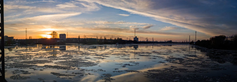 Reflection of clouds in water at sunset