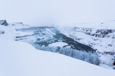 Scenic view of snow covered landscape against clear sky