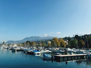 Boats moored at harbor