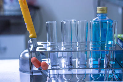 Close-up of test tubes in rack at laboratory