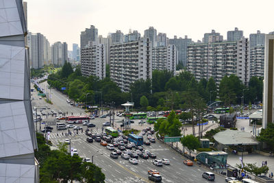 High angle view of city street and buildings