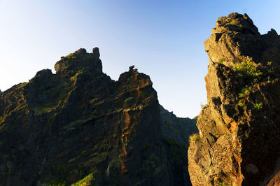 Low angle view of rocky mountains against clear sky