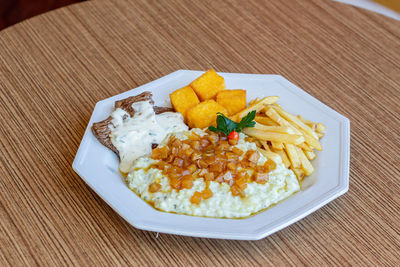 High angle view of food in plate on table