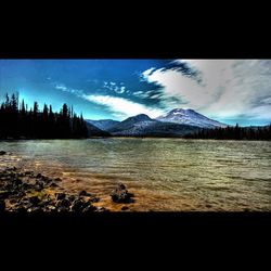 Scenic view of lake against cloudy sky