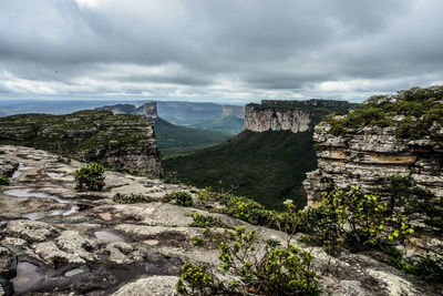 Scenic view of mountains against cloudy sky