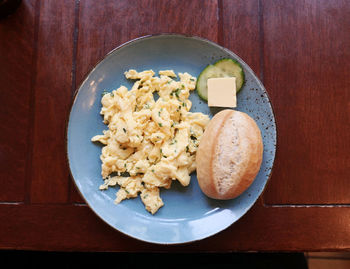 High angle view of breakfast served on table