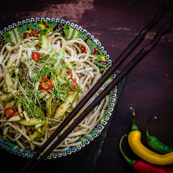 High angle view of noodles in bowl