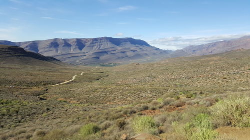 Scenic view of landscape and mountains against sky