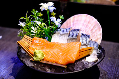 Close-up of sushi served on table