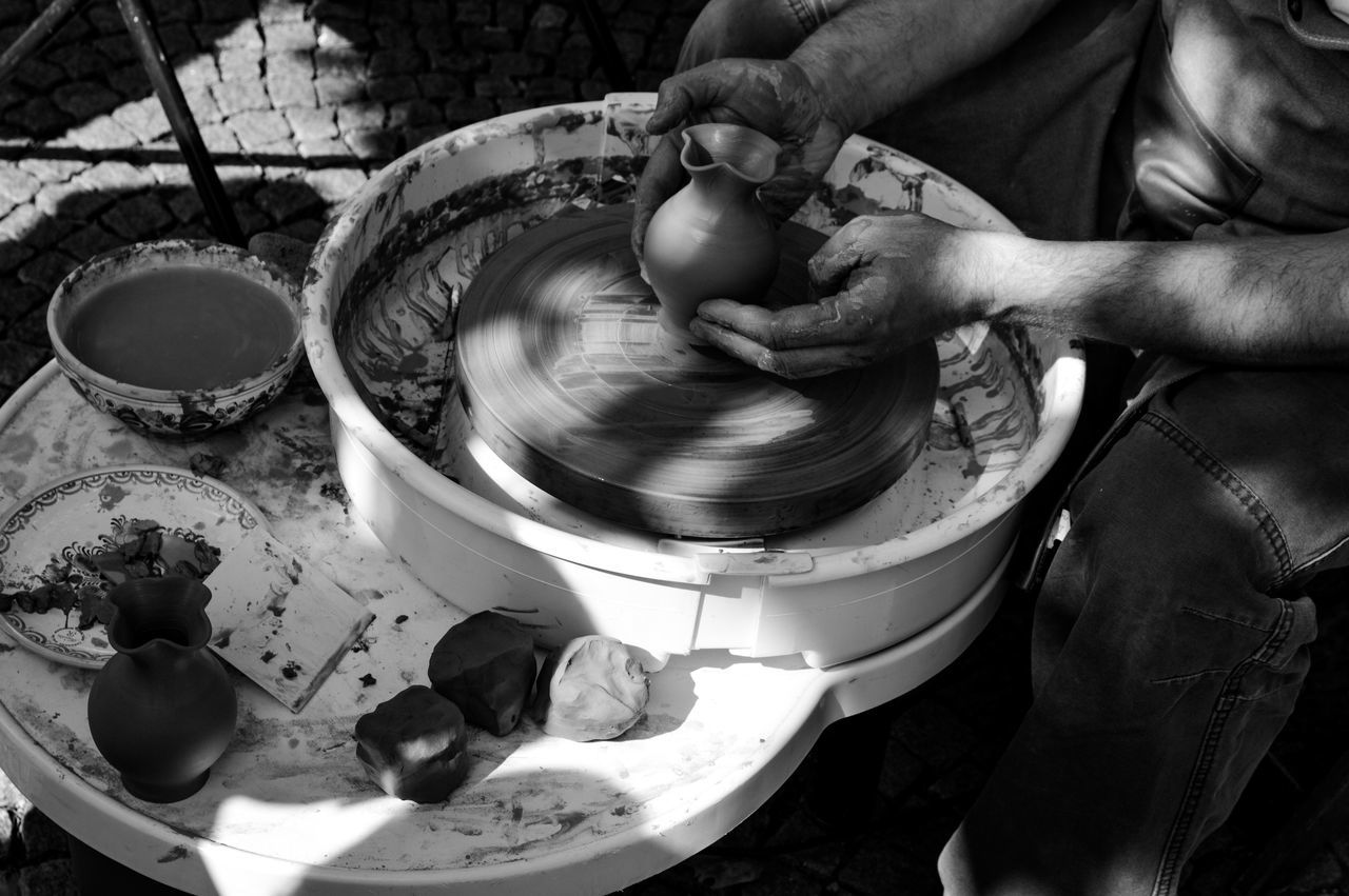 human hand, making, working, clay, skill, real people, mud, human body part, one person, holding, occupation, men, earthenware, indoors, workshop, day, close-up, adult, people