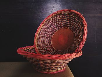 High angle view of illuminated basket on table