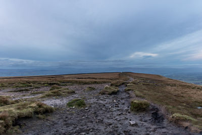 Scenic view of land and sea against sky