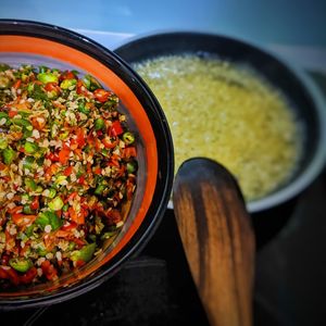 High angle view of vegetables in bowl on table