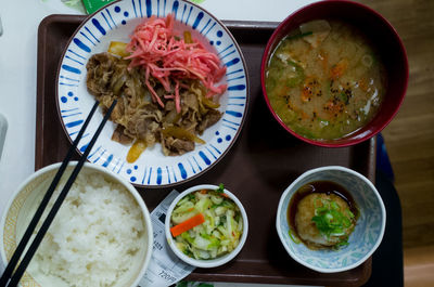 High angle view of meal served on table