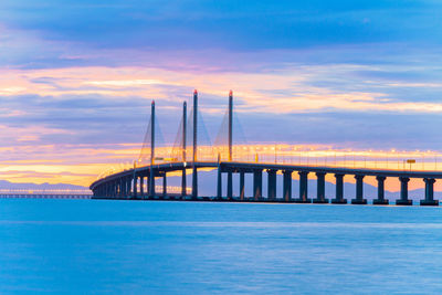 Bridge over sea against sky during sunset