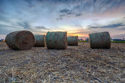 Scenic view of  hay bales on field at sunset