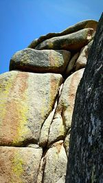 Low angle view of rocks against clear sky